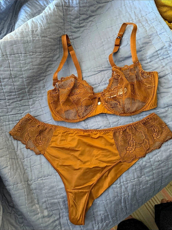 Maison Lejaby Other - Maison Lejaby bronze Flora Demi-Cup Bra and thong Brief Set Orange 36D/XL